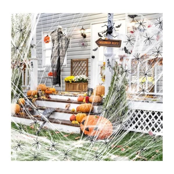 Festpynt - Halloween Spindelvæv - 60g - 10 Falske Edderkopper - Sort Polyester