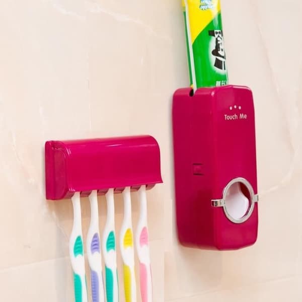 Tandpastadispenser - TOOTHPASTEDISPENSER-R - Rød - 5 tandbørsteholdere - Vægmontering - PP