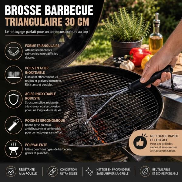 Grillbørste i Rustfrit Stål 30 cm Triangulær med Metalbørster – Rengøringsaccessory til Grillrist