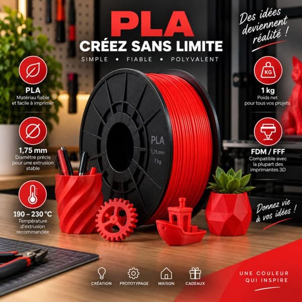 Filament PLA rød 1,75 mm 1 kg til 3D-printer FDM og FFF – 190 til 230 °C