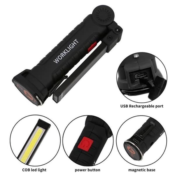 Arbejdslampe - LED COB - Foldbar roterende - Genopladelig USB - 5 tilstande - Magnetisk base