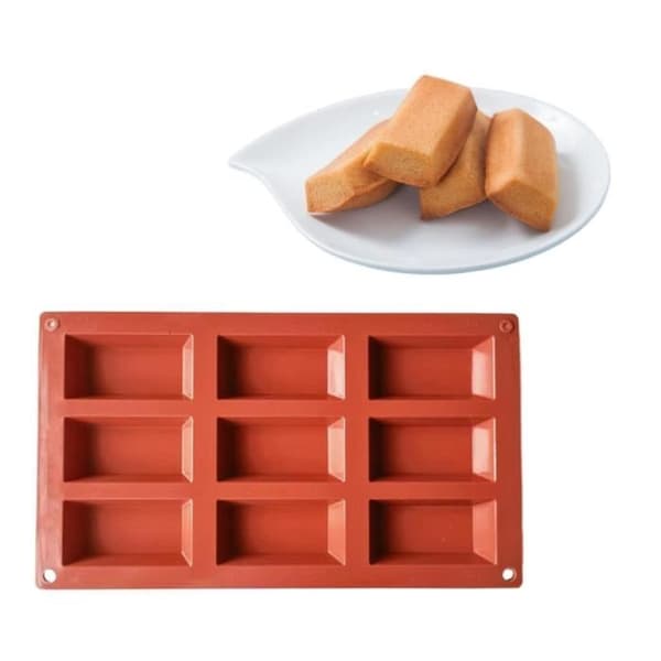 Kakaform för financier - Rektangulär 9 hål - Non-stick silikon - Lätt att lossa - Röd