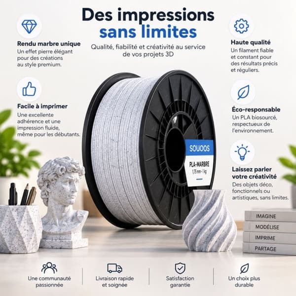 Filament PLA marmor 1,75 mm 1 kg til 3D-printer FDM og FFF – 190 til 230 °C