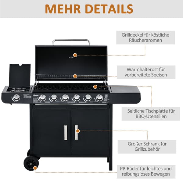 Gassgrill Sort 6+1 Brenner 135x50x100 cm