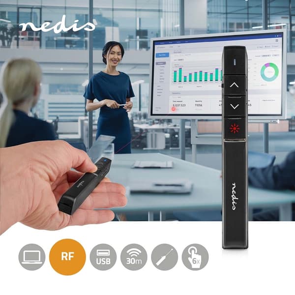Presenter | Laserpeker rekkevidde opp til: 100 m | Trådløs opp til: 30 m | Sort