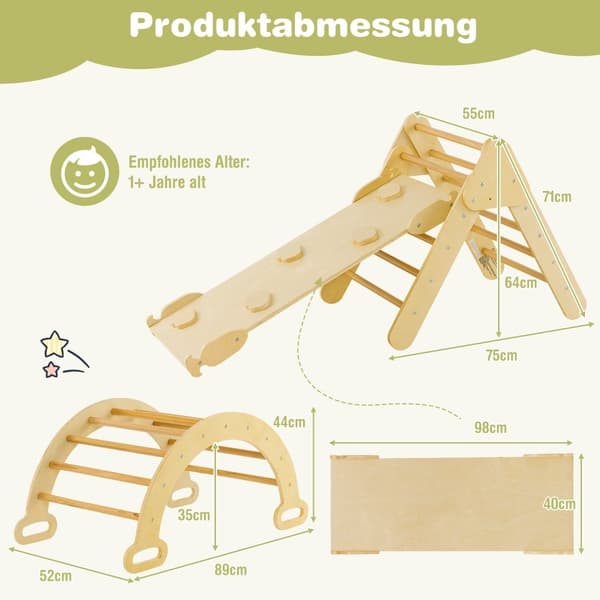 Triangulär klätterleksaksset i trä för småbarn med naturlig klättertriangel