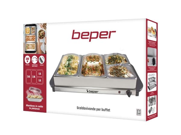 Buffetmadvarmer med 4 stålbakker, justerbar termostat