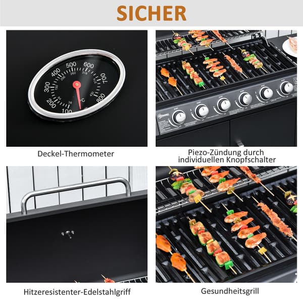 Gassgrill Sort 6+1 Brenner 135x50x100 cm