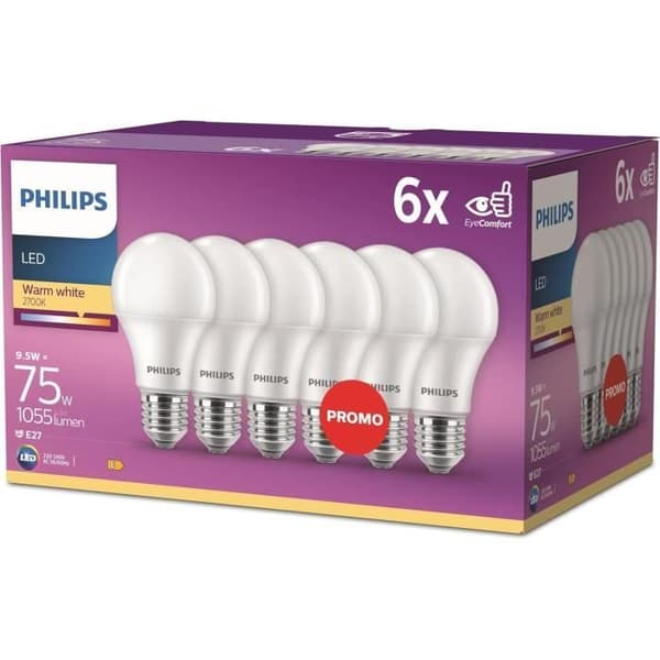 6 kpl LED-lamppuja - PHILIPS - E27 - 75W - Lämmin valkoinen