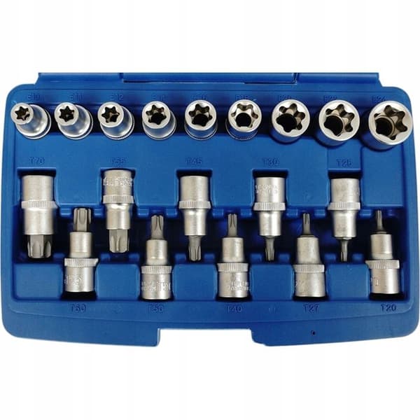 Torx E-Torx 1/2" skruenøgle sæt, 19 dele. Sølvfarvede skruenøgler.