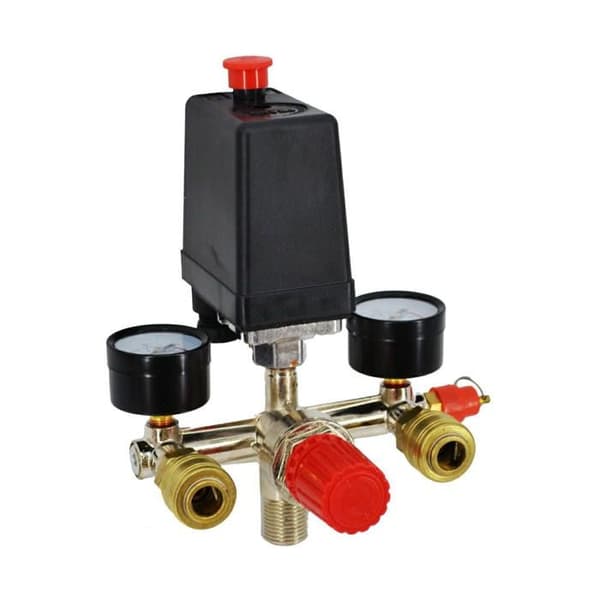 Trykafbryder til kompressor - AWTOOLS - 230V - 2 indgange - 12 bar max - manometre og ON/OFF