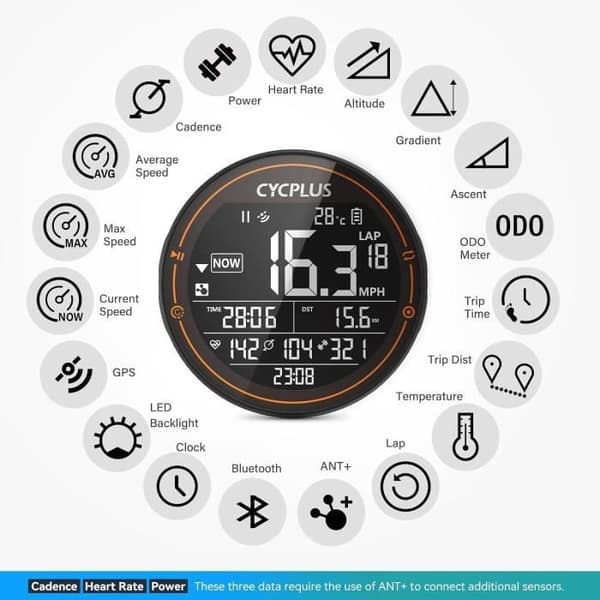 Cykel GPS Computer - CYCPLUS - M2 - Vandtæt IPX6 - Bluetooth 5.0 - Ant+