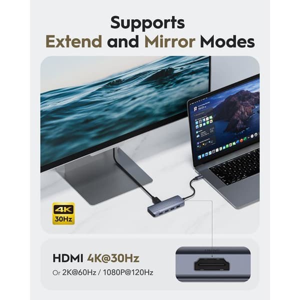 USB-C Hub 6-i-1 - Cudy - 4K HDMI - 5 Gbit/s - Kompatibel med Windows/Mac/Linux - Grå