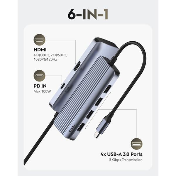 USB-C-hubb 6-i-1 - Cudy - 4K HDMI - 5 Gbit/s - Kompatibel med Windows/Mac/Linux - Grå