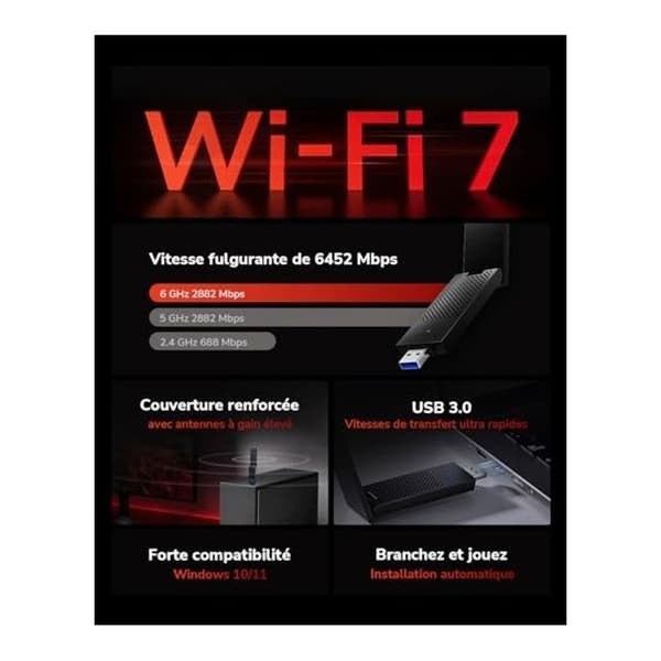 Tri-Band Wi-Fi 7 Trådlös USB 3.0 Adapter, WiFi-adapter för stationär dator, Stöder Windows 11/10, Antenn med hög förstärkning