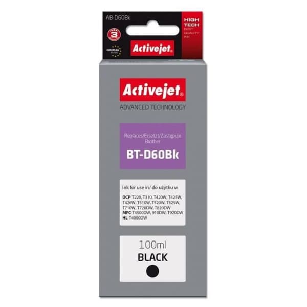 Activejet Blæk AB-D60BK (erstatning Supreme 100 ml sort) - Brother BT-D60Bk