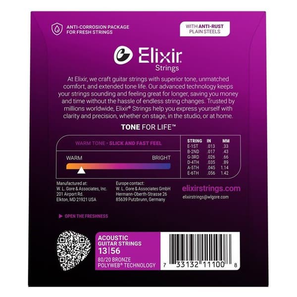 Akustiske guitarstrenge - ELIXIR - POLYWEB - Blød lyd - Medium 13/17/26/35/45/56 - Bronze