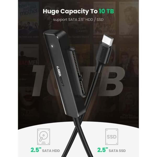 USB C til SATA-adapter - UGREEN - HDD SSD 2,5 Tommer - 5Gbps - Understøtter UASP - Sort