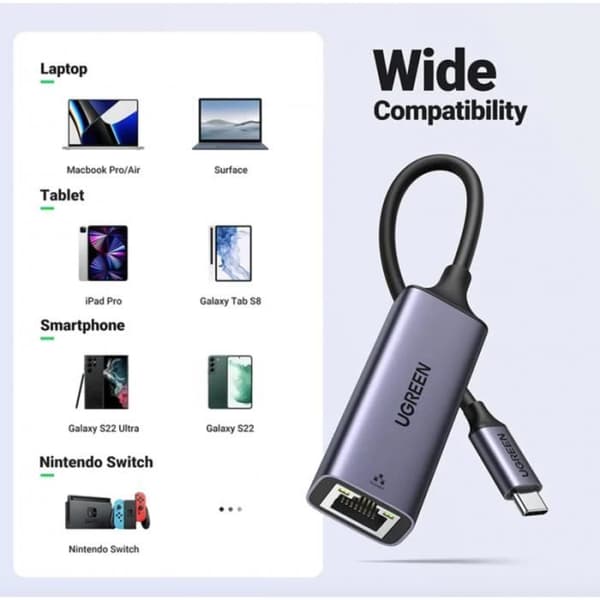 USB C til Ethernet-adapter - UGREEN - Thunderbolt 3 - 1000Mbps - Kompatibel med MacBook Pro - Hvid