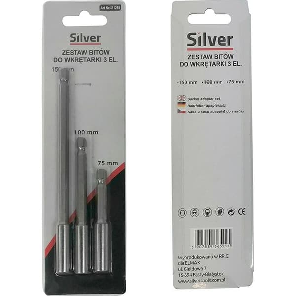 Sølv magnetiske bits 1/4" (sæt af 3, 75-150 mm)