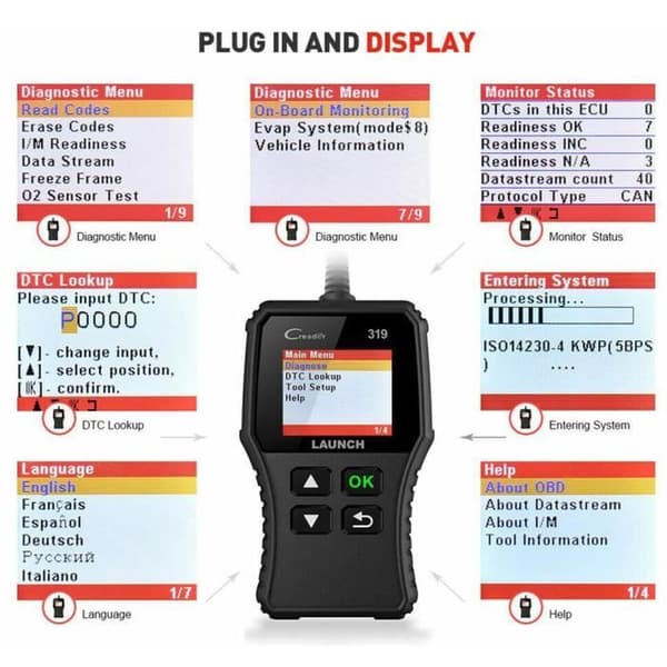 CR319 Scanner Auto Diagnostik OBD2 - EOBD-Can til at Læse og Slette Motorfejlkoder, EVAP Tester og O2 Sensor