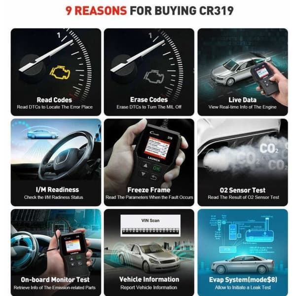 CR319 Scanner Auto Diagnostik OBD2 - EOBD-Can til at Læse og Slette Motorfejlkoder, EVAP Tester og O2 Sensor