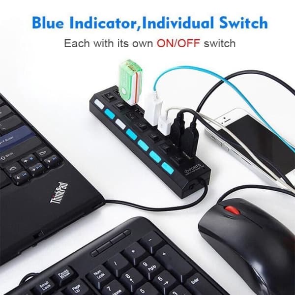 USB 2.0 Hub - Multi USB - 7 Porte - Strømadapter - Multi extender - Sort