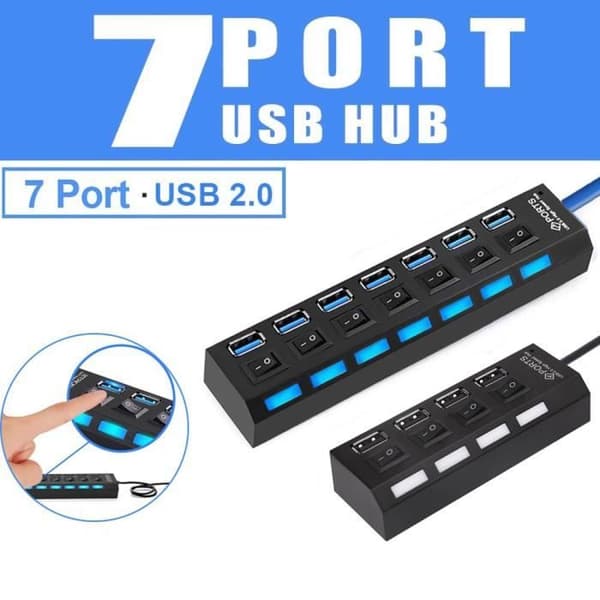 USB 2.0 Hub - Multi USB - 7 Porte - Strømadapter - Multi extender - Sort