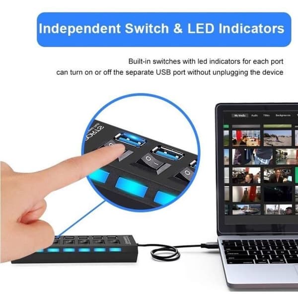 USB 2.0 Hub - Multi USB - 7 Porte - Strømadapter - Multi extender - Sort