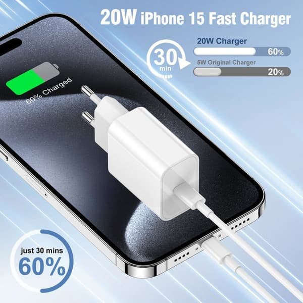 Hurtigoplader - Apple - iPhone 16 - 20W - USB-C - Kabel 2m