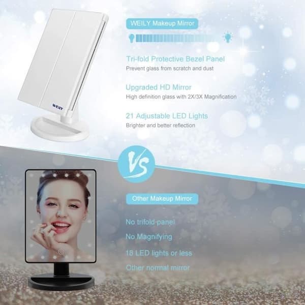 Makeup Spejl - 3 Paneler - 21 LED Lys - Justerbar - Moderne Design