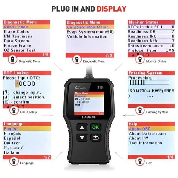 Diagnostiikkalaite - OUTAD - CR319 - OBDII - EOBD - Universaali - Musta