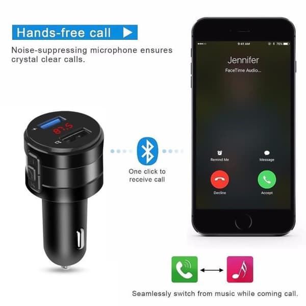 FM-sender USB 2.0 Multifunktionel MP3 Bluetooth Oplader Cigaretlighter