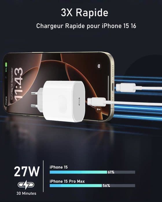 Hurtigoplader - USB C - 27W - iPhone 15/16 - Kabel 2m - Sikkerhedsbeskyttelse