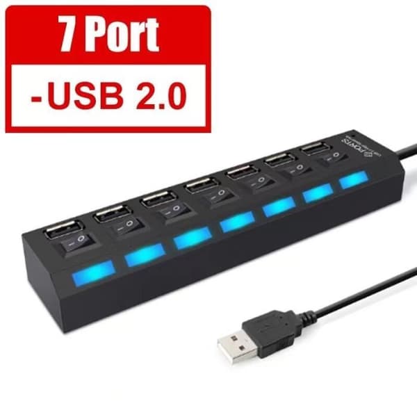 USB 2.0 Hub - Multi USB - 7 Porte - Strømadapter - Multi extender - Sort