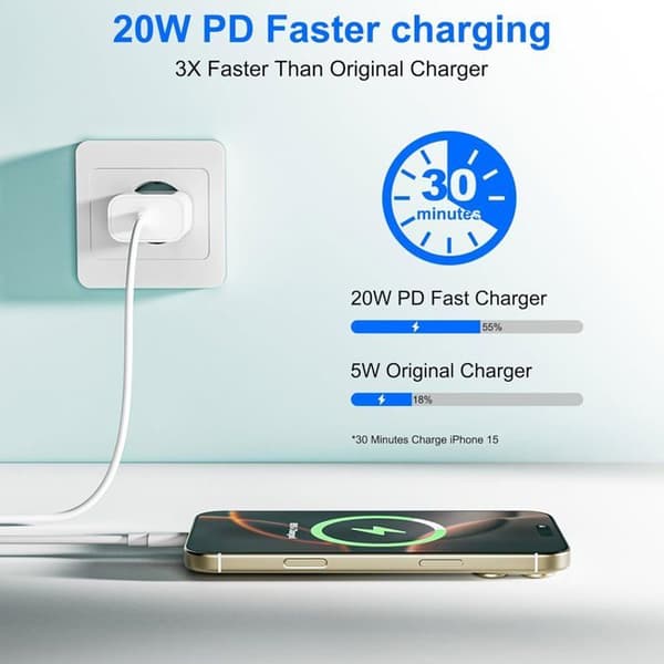 Laddare - 20W - USB C - 2M Kabel - Snabbladdning - Multiskyddsäkerhet