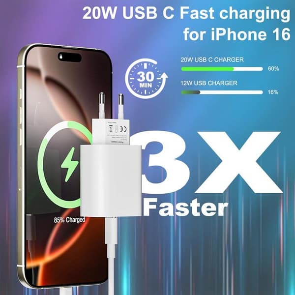 Laddare - 20W - USB C - 2M Kabel - Snabbladdning - Multiskyddsäkerhet