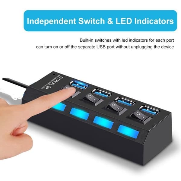 HUB USB - YWEI - Model med 7 porte - USB 2.0 - Uafhængig switch - Sort