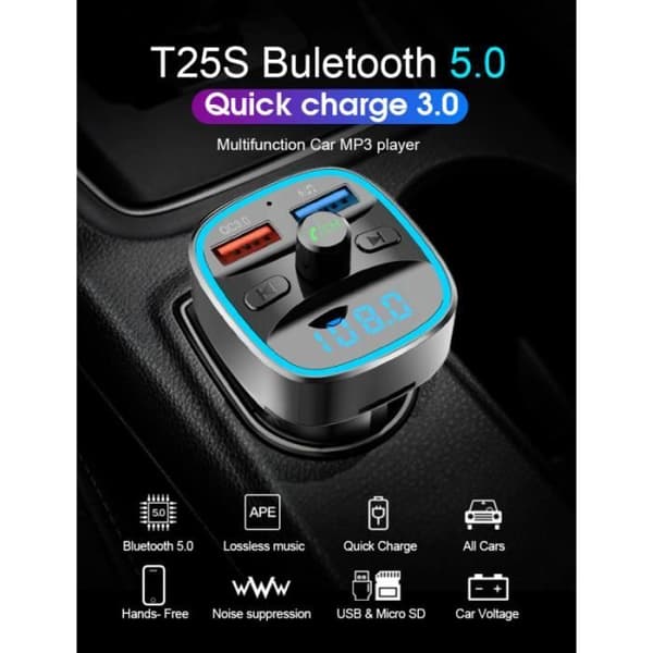 FM Bluetooth 5.0 sender - LEMON2 - Håndfri modulator - QC3.0 - Dobbelt USB oplader - Sort