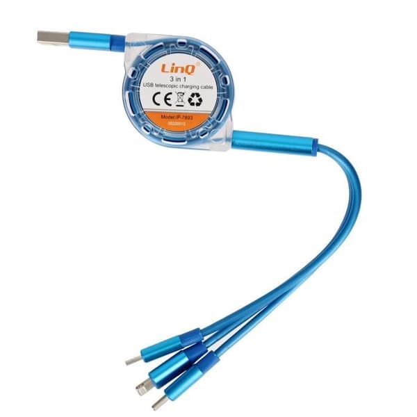 3 i 1 USB-kabel - LINQ - Infällbar - 1m - Kompatibel iPhone, USB-C, Micro USB - Blå