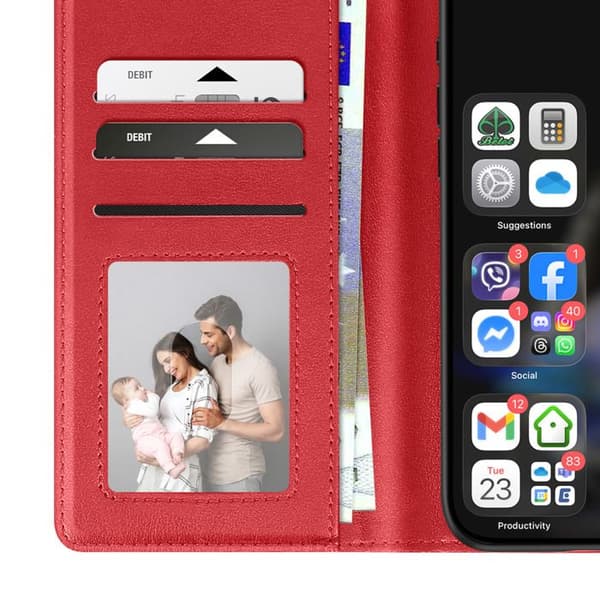 Premium Läder Plånboksfodral för iPhone 16 Pro med Ställfunktion Röd