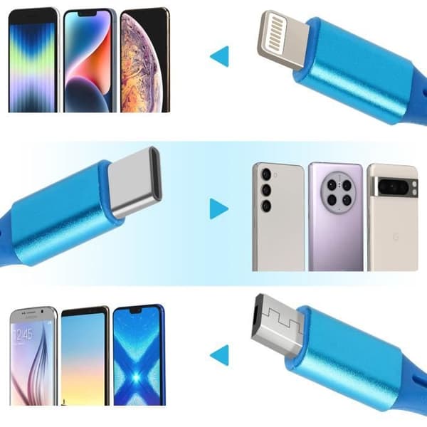 3 i 1 USB-kabel - LINQ - Infällbar - 1m - Kompatibel iPhone, USB-C, Micro USB - Blå