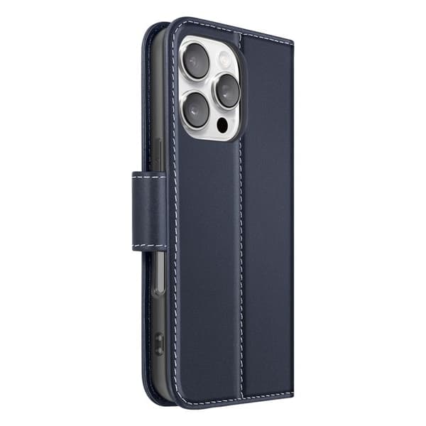 Fodral för iPhone 16 Pro i premium läder med ställfunktion, nattblå