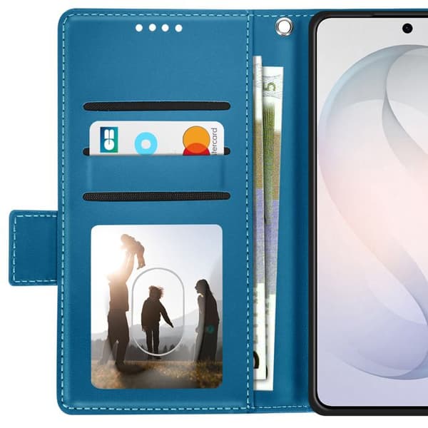 Plånboksfodral för Galaxy S26, sydd läderlook med blå handledsrem
