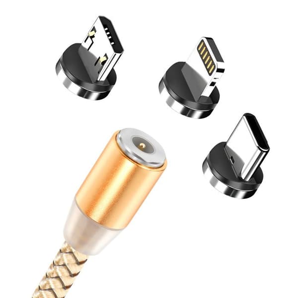 Magnetkabel 3-i-1 USB-C / Lightning / Micro-USB till USB-A 1m Guld
