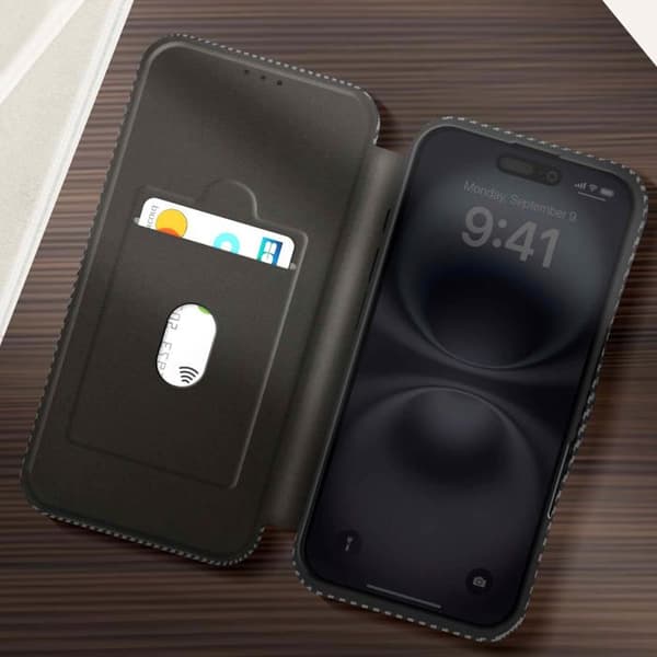 Smartphonefoder - iPhone 16 - Kolfiber - Videostöd - Anti-RFID Svart