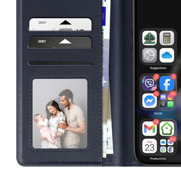 Plånboksfodral för iPhone 16 Pro Max i premiumläder med ställfunktion i midnattsblå