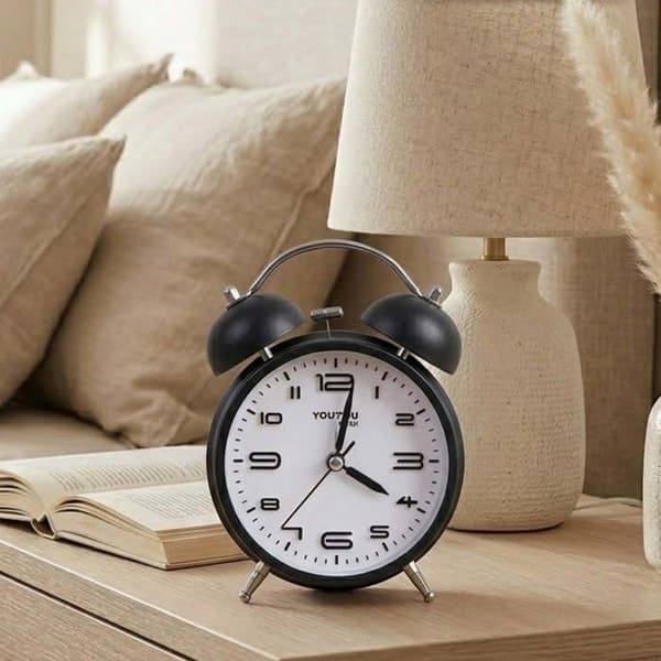 Bordsklocka 12cm för Sovrum Rund Format Dubbel Klocka Elegant Svart