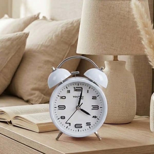 Bordsklocka 12cm för Sovrum Rund Format Dubbel Klocka Elegant Vit