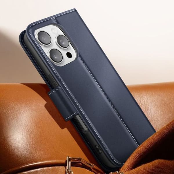 Plånboksfodral för iPhone 16 Pro Max i premiumläder med ställfunktion i midnattsblå